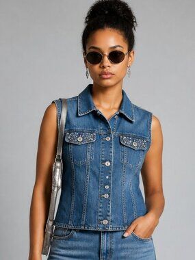 Chico's Platinum Crystal Studded Dark Denim Vest Size 2  US Size M-L